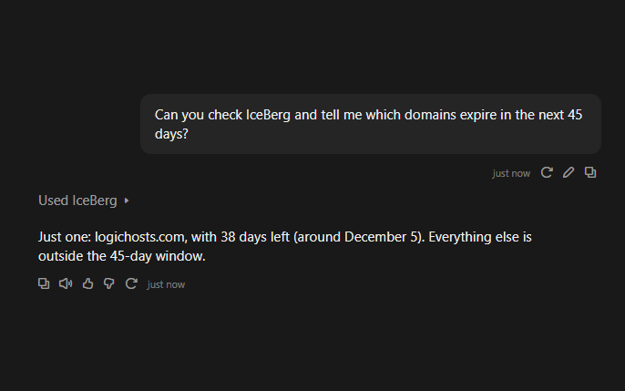 Claude answering which domains expire in the next 45 days by checking IceBerg: one, with 38 days left