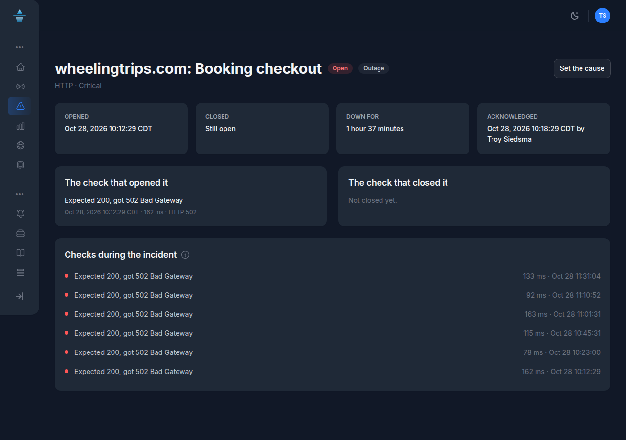 IceBerg incident for a booking checkout outage, acknowledged after six minutes, with the failed checks listed